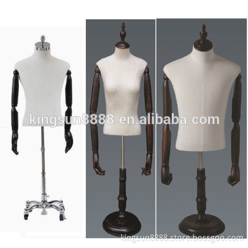 Fabric bust mannequins for boutique with wooden hands, texture wooden dummy